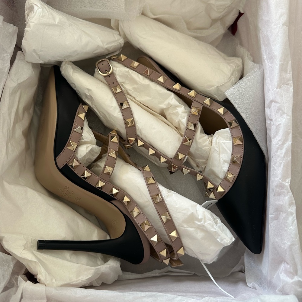 Valentino Garavani Black and Tan Studded Heels
